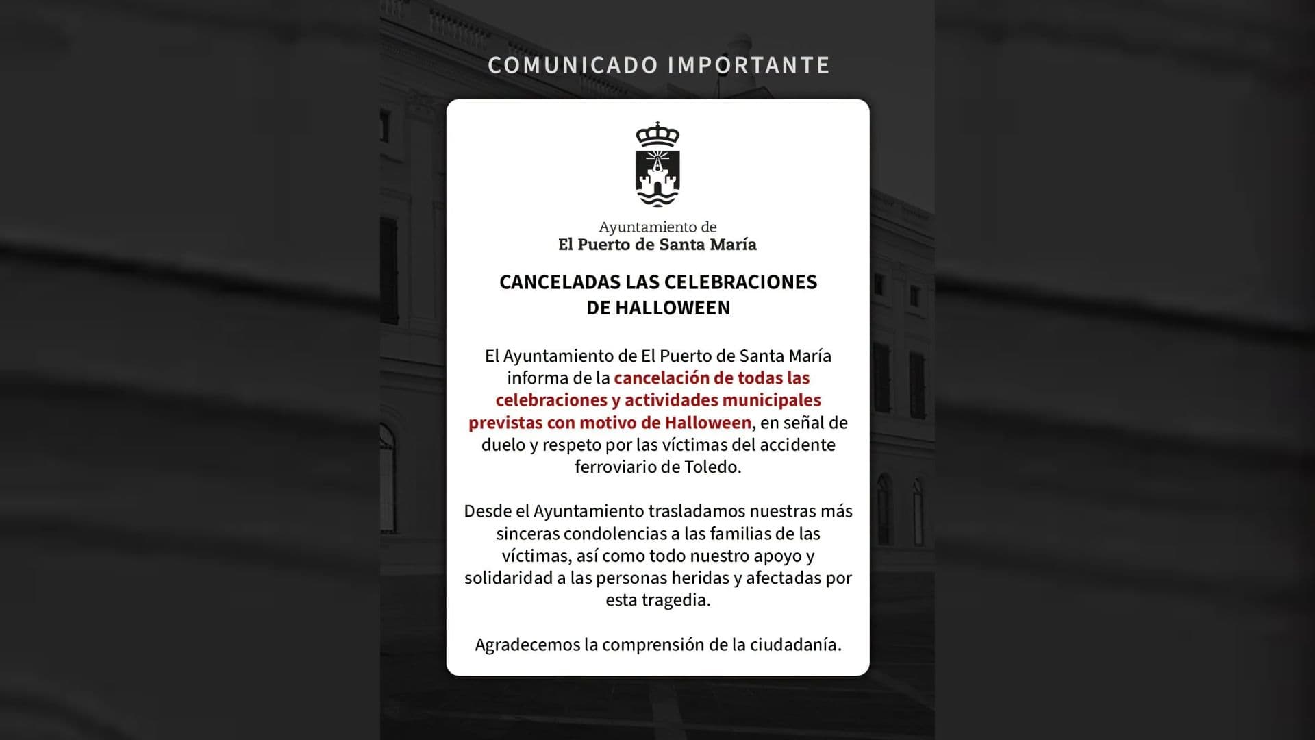 El Ayuntamiento suspende las actividades de Halloween en señal de duelo por las víctimas del accidente ferroviario