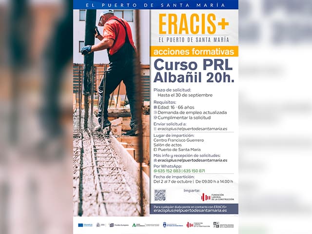 Abre el plazo para el curso gratuito de Prevención de Riesgos Laborales para Albañilería organizado por ERACIS+