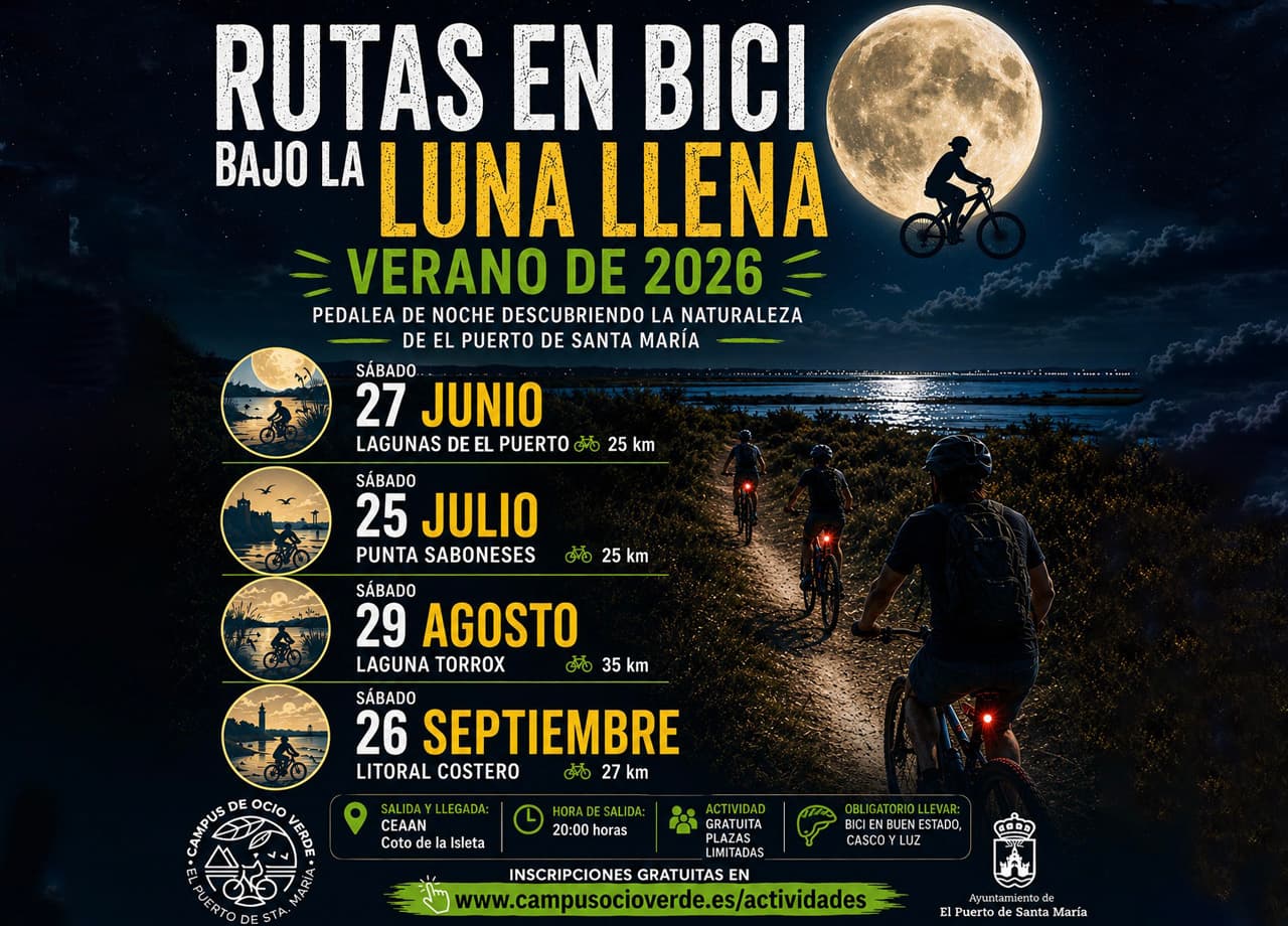 Vuelven las Rutas Nocturnas en Bicicleta bajo la Luna Llena por los espacios naturales de El Puerto