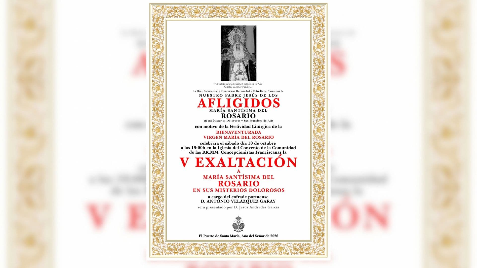 Antonio Velázquez Garay pronunciará la V Exaltación a María Santísima del Rosario el 10 de octubre